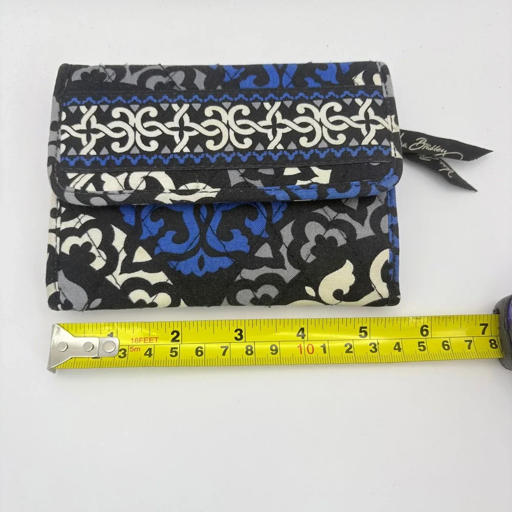 Vera Bradley Canterberry Cobalt Trifold Wallet Blue Black White Quilted - Picture 2 of 5